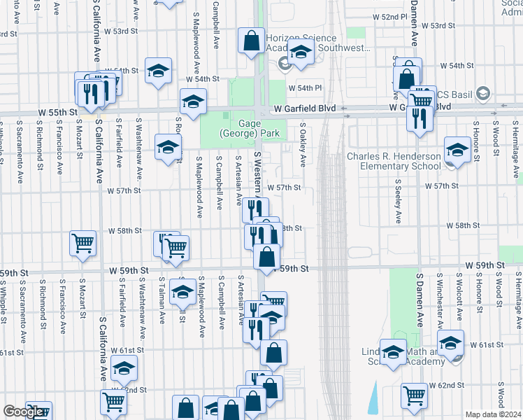 map of restaurants, bars, coffee shops, grocery stores, and more near 5768 South Western Avenue in Chicago