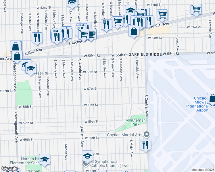 map of restaurants, bars, coffee shops, grocery stores, and more near 5715 South Monitor Avenue in Chicago