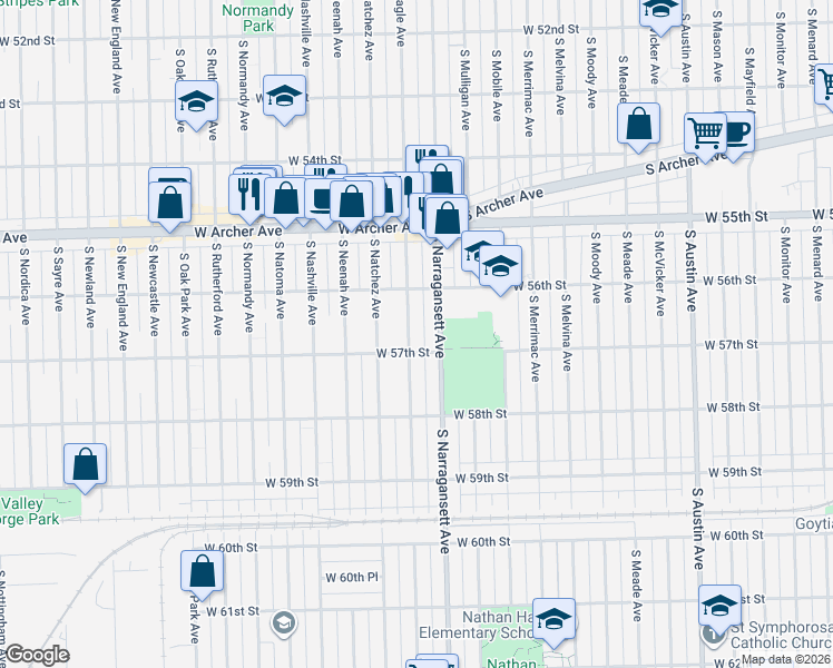 map of restaurants, bars, coffee shops, grocery stores, and more near 5700 South Nagle Avenue in Chicago