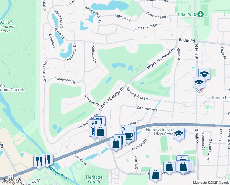 map of restaurants, bars, coffee shops, grocery stores, and more near 1104 Royal Saint George Drive in Naperville
