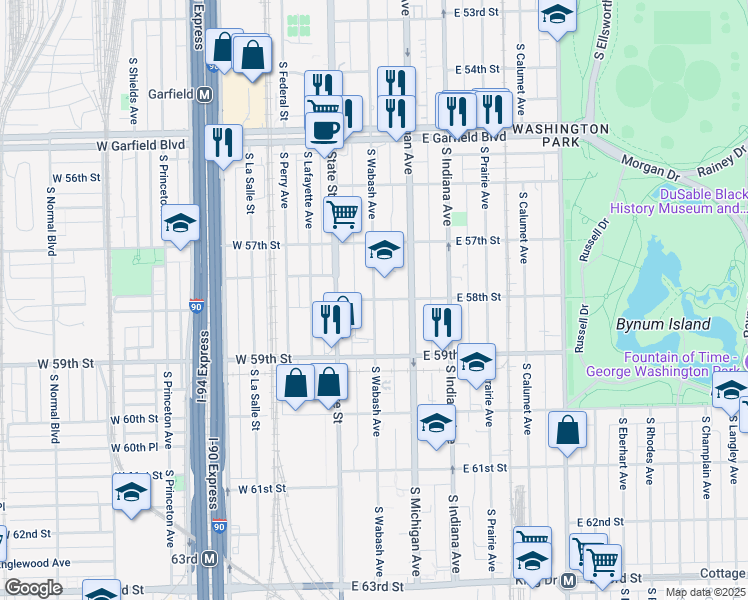 map of restaurants, bars, coffee shops, grocery stores, and more near S Wabash Ave & E 58th St in Chicago