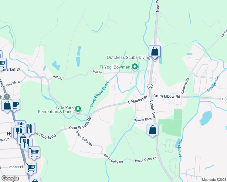 map of restaurants, bars, coffee shops, grocery stores, and more near 108 East Market Street in Hyde Park
