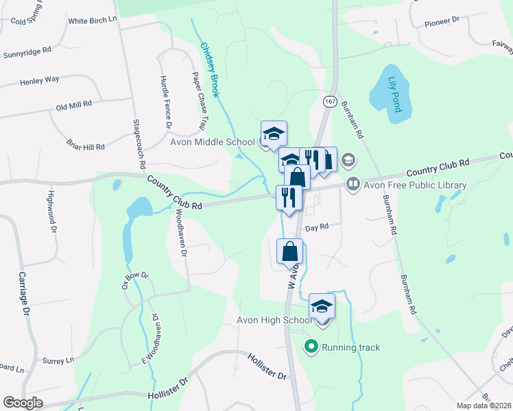 map of restaurants, bars, coffee shops, grocery stores, and more near 355 Country Club Road in Avon
