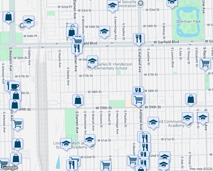 map of restaurants, bars, coffee shops, grocery stores, and more near 5801 South Wood Street in Chicago