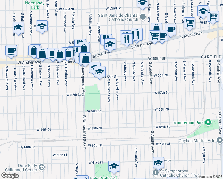 map of restaurants, bars, coffee shops, grocery stores, and more near 5704 South Melvina Avenue in Chicago