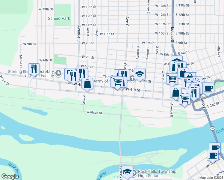 map of restaurants, bars, coffee shops, grocery stores, and more near 801A West 3rd Street in Sterling