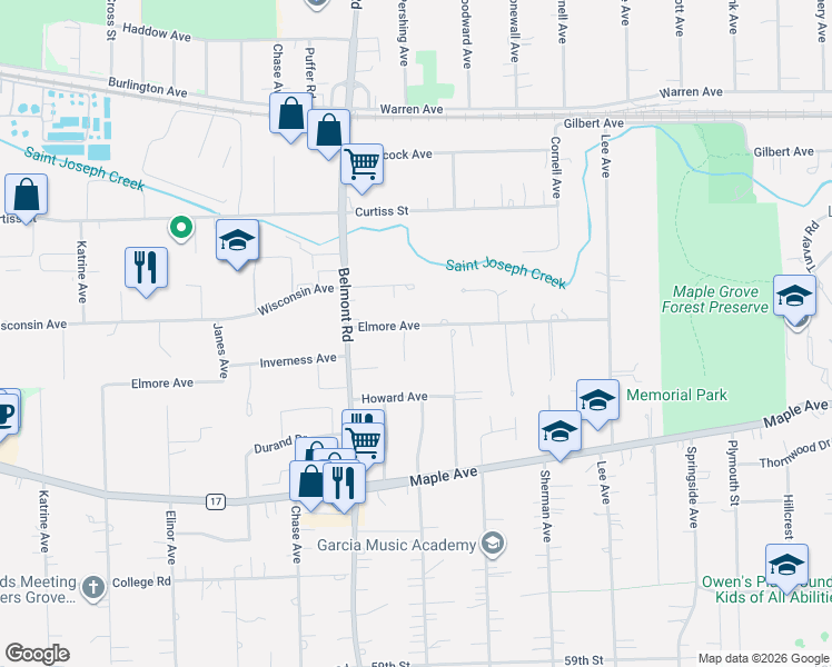 map of restaurants, bars, coffee shops, grocery stores, and more near 5417 Challen Place in Downers Grove