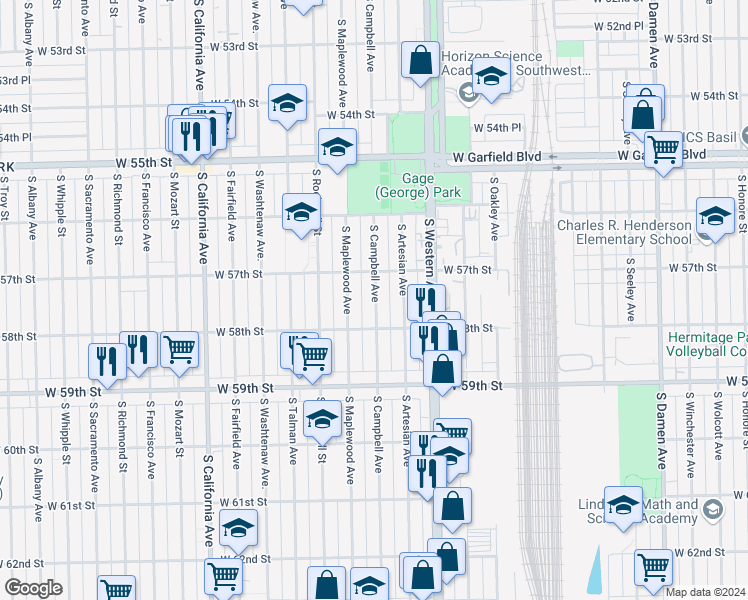 map of restaurants, bars, coffee shops, grocery stores, and more near 5700 South Campbell Avenue in Chicago