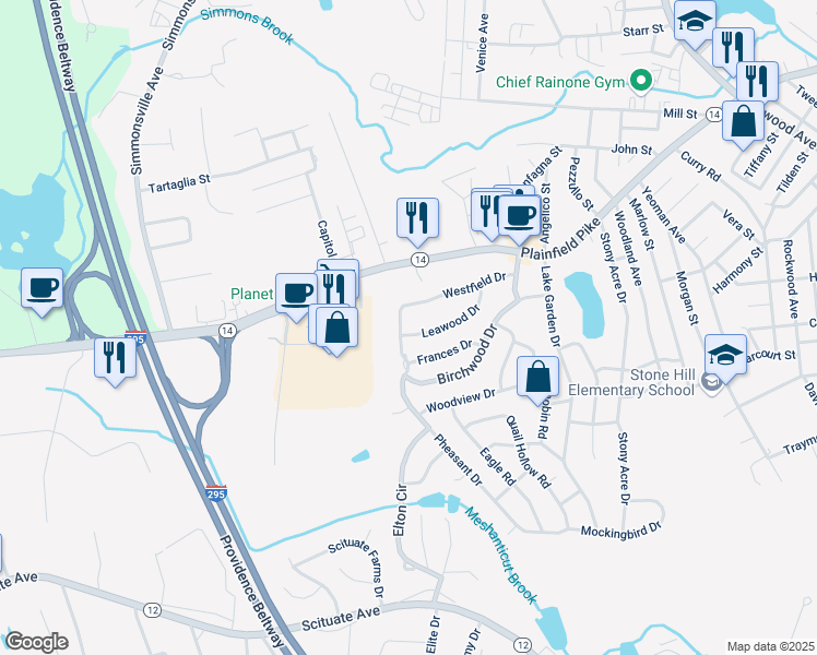 map of restaurants, bars, coffee shops, grocery stores, and more near 99 Westfield Drive in Cranston
