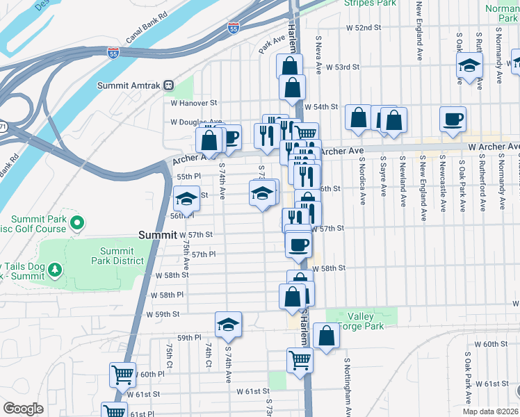 map of restaurants, bars, coffee shops, grocery stores, and more near 7305 56th Street in Summit