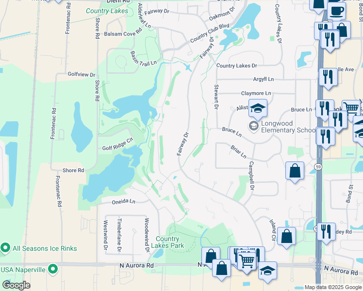 map of restaurants, bars, coffee shops, grocery stores, and more near Fairway Drive in Naperville