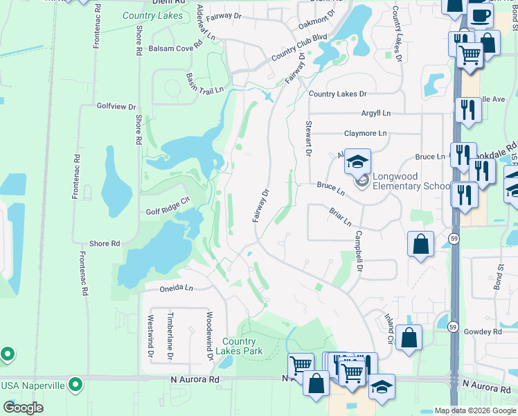 map of restaurants, bars, coffee shops, grocery stores, and more near Fairway Drive in Naperville