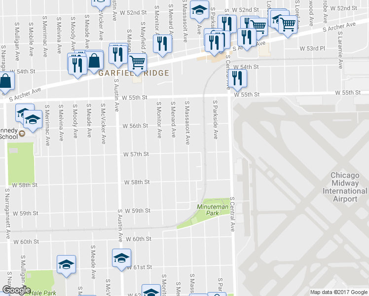 map of restaurants, bars, coffee shops, grocery stores, and more near 5650 South Massasoit Avenue in Chicago