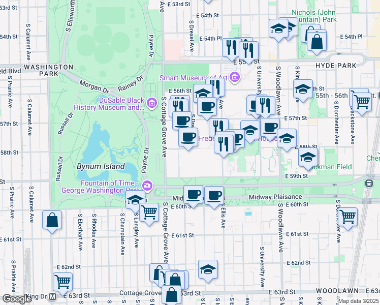 map of restaurants, bars, coffee shops, grocery stores, and more near 5841 South Maryland Avenue in Chicago