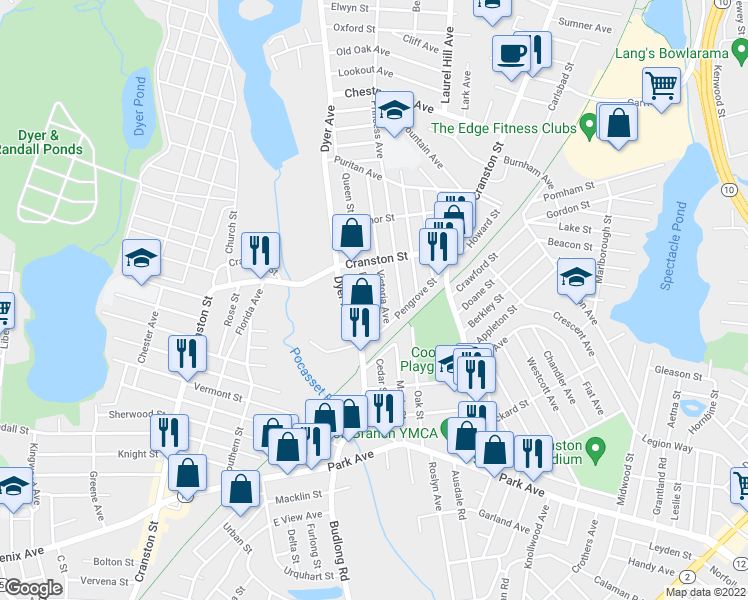 map of restaurants, bars, coffee shops, grocery stores, and more near 52 Victoria Avenue in Cranston