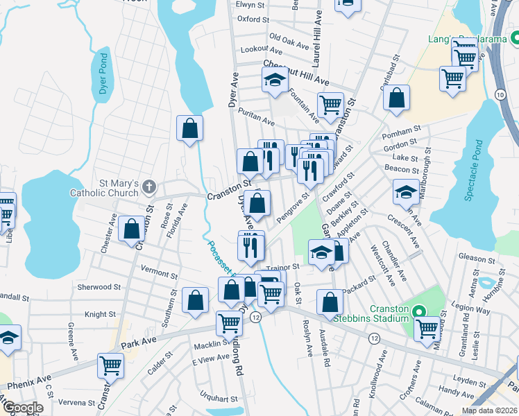 map of restaurants, bars, coffee shops, grocery stores, and more near 42 Victoria Avenue in Cranston