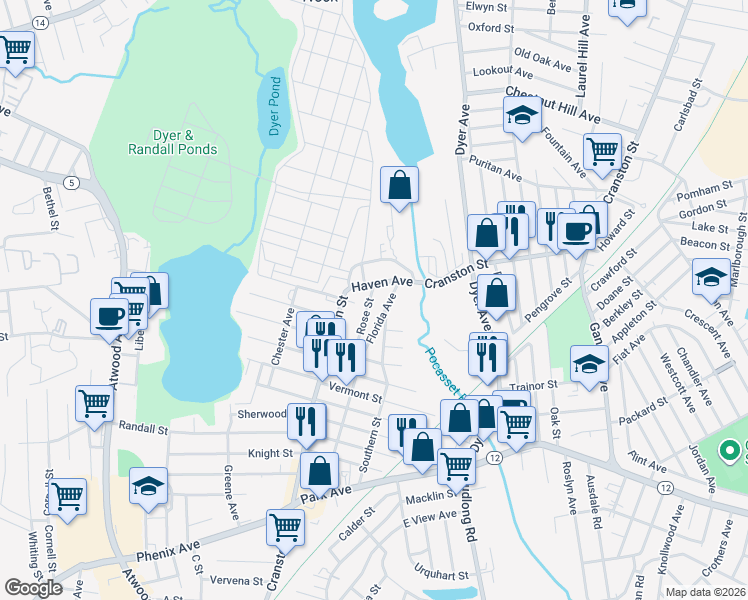 map of restaurants, bars, coffee shops, grocery stores, and more near 35 Haven Avenue in Cranston