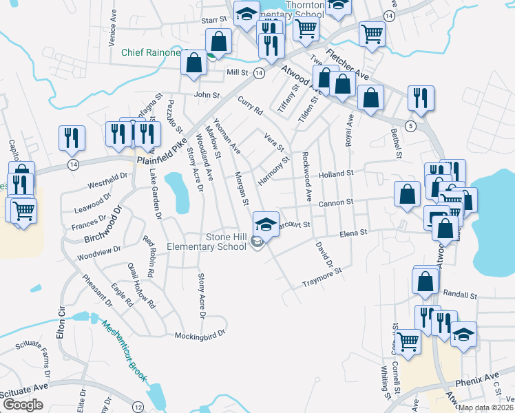 map of restaurants, bars, coffee shops, grocery stores, and more near 155 Yeoman Avenue in Cranston