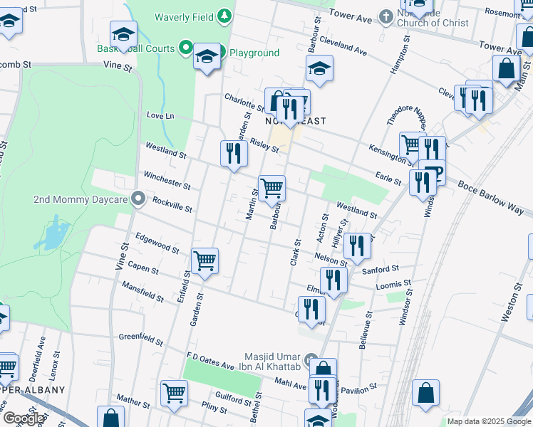 map of restaurants, bars, coffee shops, grocery stores, and more near 160 Martin Street in Hartford