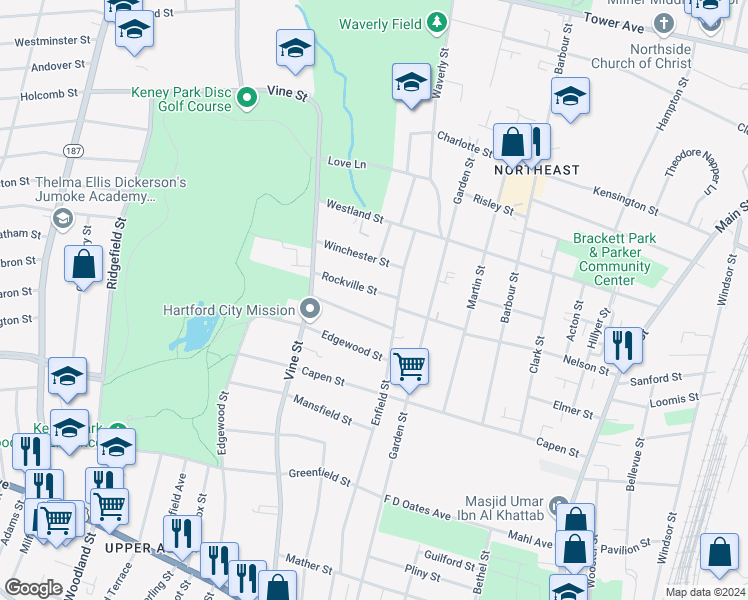 map of restaurants, bars, coffee shops, grocery stores, and more near 265 Enfield Street in Hartford
