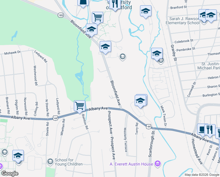 map of restaurants, bars, coffee shops, grocery stores, and more near 7 Winhall Lane in Hartford