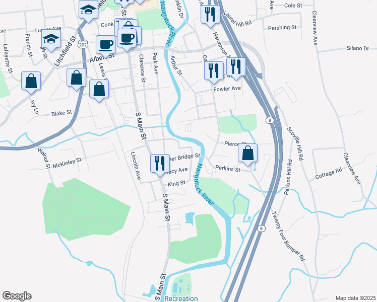 map of restaurants, bars, coffee shops, grocery stores, and more near 107 Scoville Street in Torrington