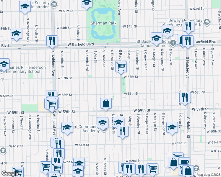 map of restaurants, bars, coffee shops, grocery stores, and more near 5715 South Throop Street in Chicago