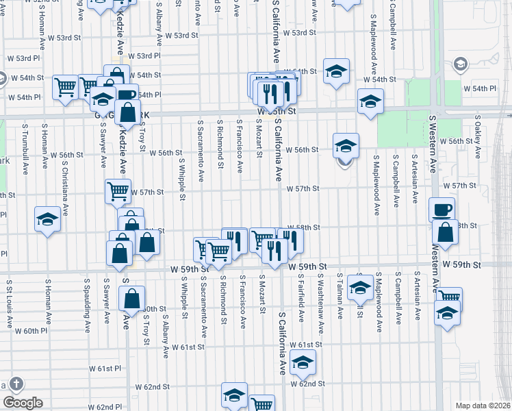 map of restaurants, bars, coffee shops, grocery stores, and more near 5701 South Mozart Street in Chicago