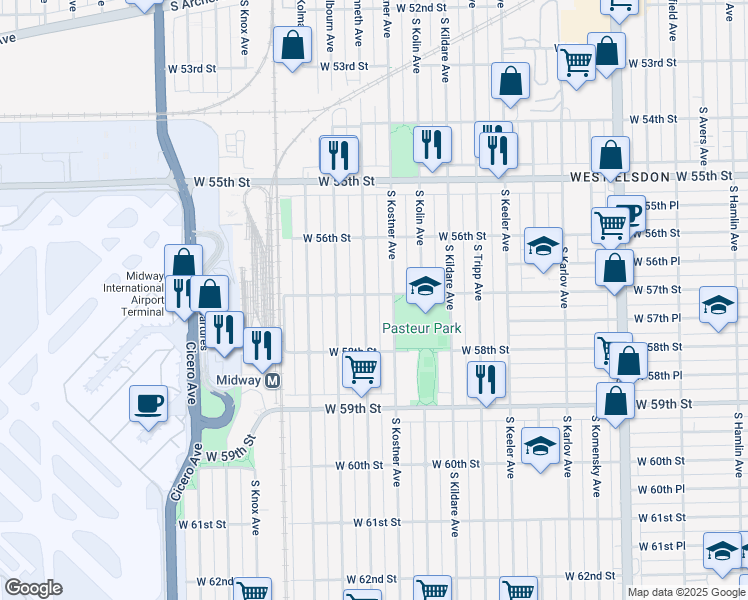 map of restaurants, bars, coffee shops, grocery stores, and more near 5640 South Kostner Avenue in Chicago