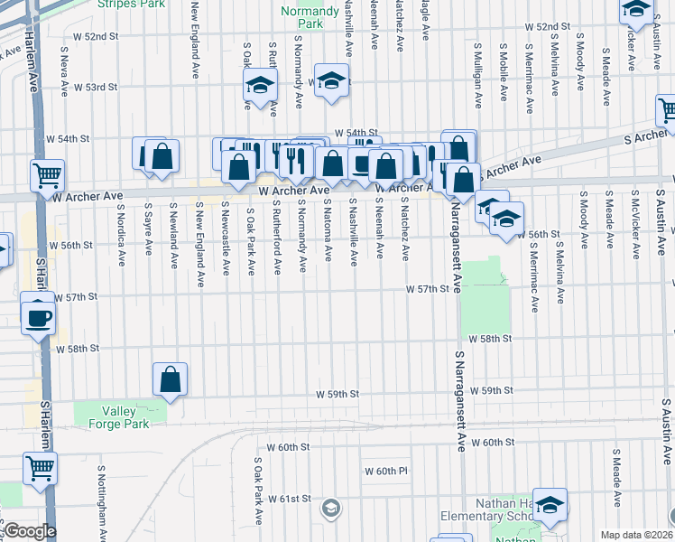map of restaurants, bars, coffee shops, grocery stores, and more near 5613 South Natoma Avenue in Chicago