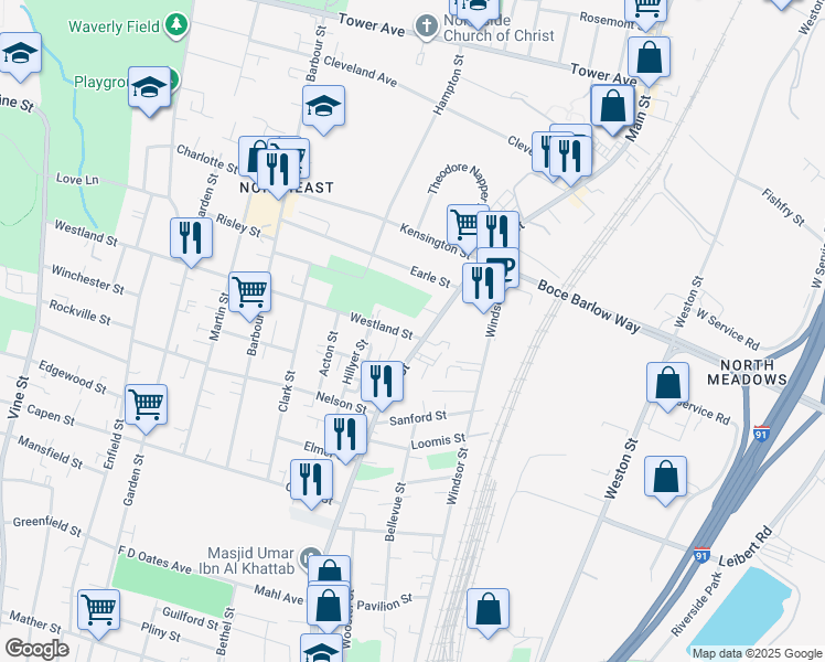 map of restaurants, bars, coffee shops, grocery stores, and more near in Hartford