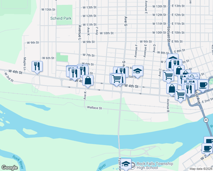 map of restaurants, bars, coffee shops, grocery stores, and more near 802 West 4th Street in Sterling