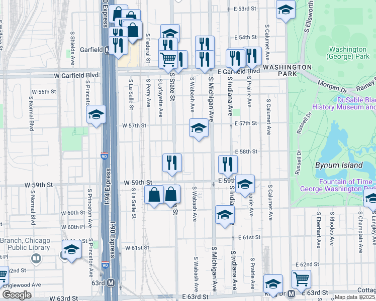 map of restaurants, bars, coffee shops, grocery stores, and more near 5758 South Wabash Avenue in Chicago