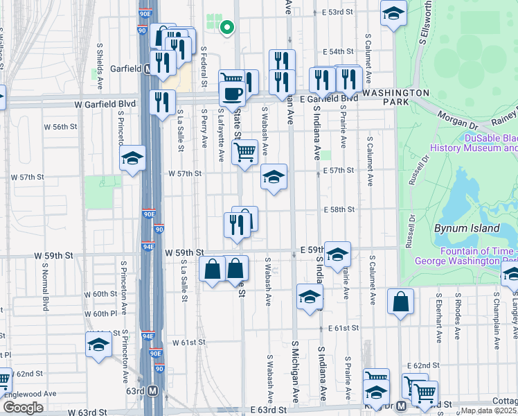 map of restaurants, bars, coffee shops, grocery stores, and more near 5732 South Wabash Avenue in Chicago