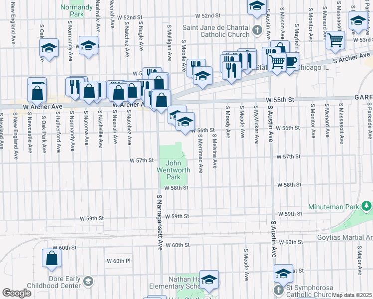 map of restaurants, bars, coffee shops, grocery stores, and more near 5625 South Mobile Avenue in Chicago