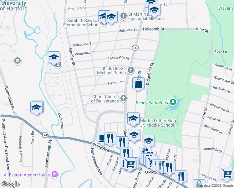 map of restaurants, bars, coffee shops, grocery stores, and more near in Hartford