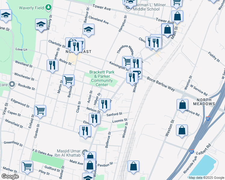 map of restaurants, bars, coffee shops, grocery stores, and more near in Hartford