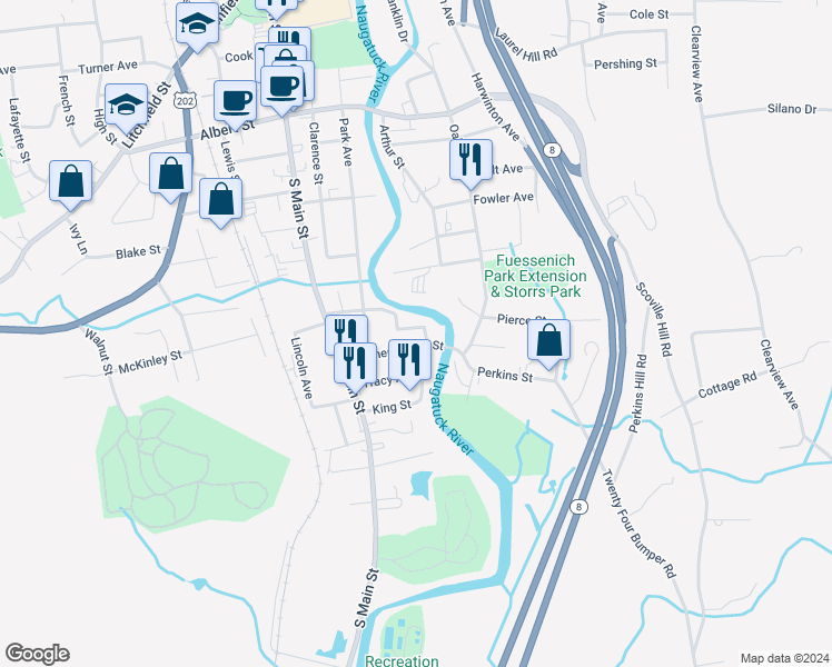 map of restaurants, bars, coffee shops, grocery stores, and more near 107 Palmer Bridge Street in Torrington