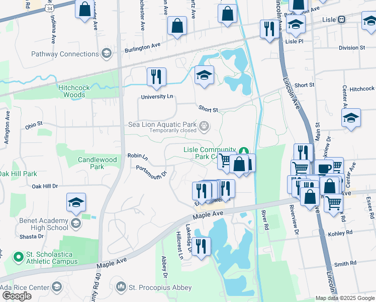 map of restaurants, bars, coffee shops, grocery stores, and more near 1700 Robin Lane in Lisle