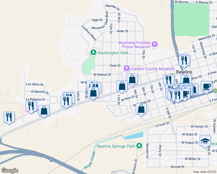 map of restaurants, bars, coffee shops, grocery stores, and more near 1217 W Maple St in Rawlins