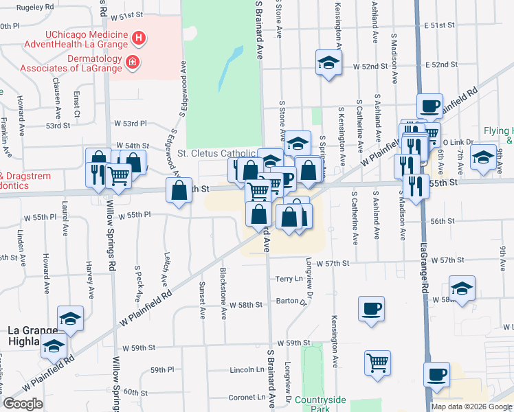 map of restaurants, bars, coffee shops, grocery stores, and more near 901 West 55th Street in Countryside