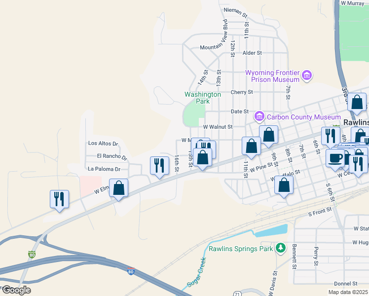 map of restaurants, bars, coffee shops, grocery stores, and more near 1401-1499 W Maple St in Rawlins