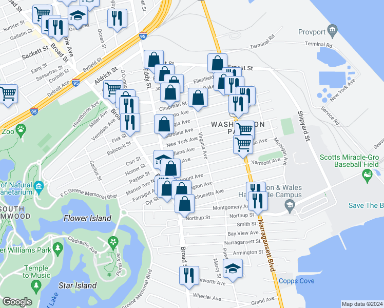 map of restaurants, bars, coffee shops, grocery stores, and more near 245 Indiana Avenue in Providence