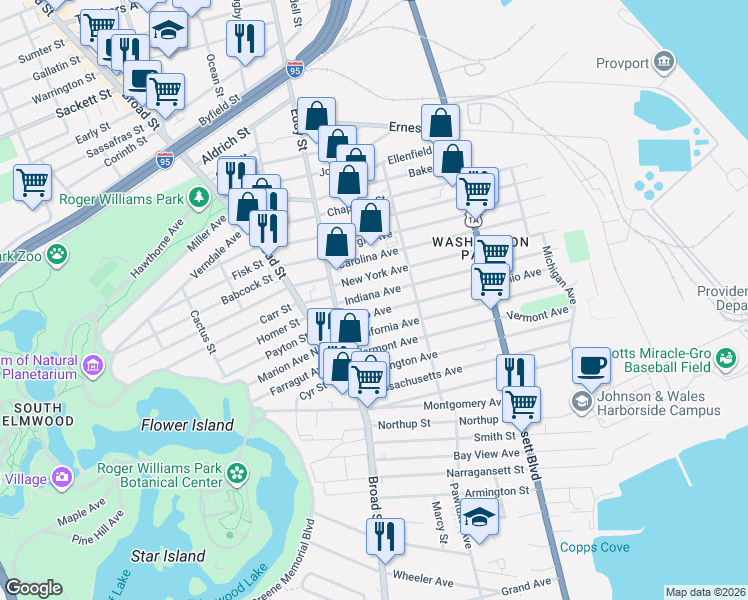 map of restaurants, bars, coffee shops, grocery stores, and more near 362 New York Avenue in Providence