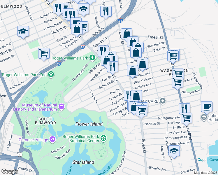 map of restaurants, bars, coffee shops, grocery stores, and more near 17 Babcock Street in Providence