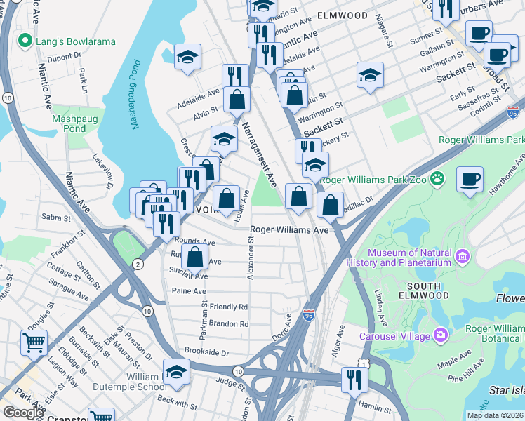 map of restaurants, bars, coffee shops, grocery stores, and more near 143 Narragansett Avenue in Providence