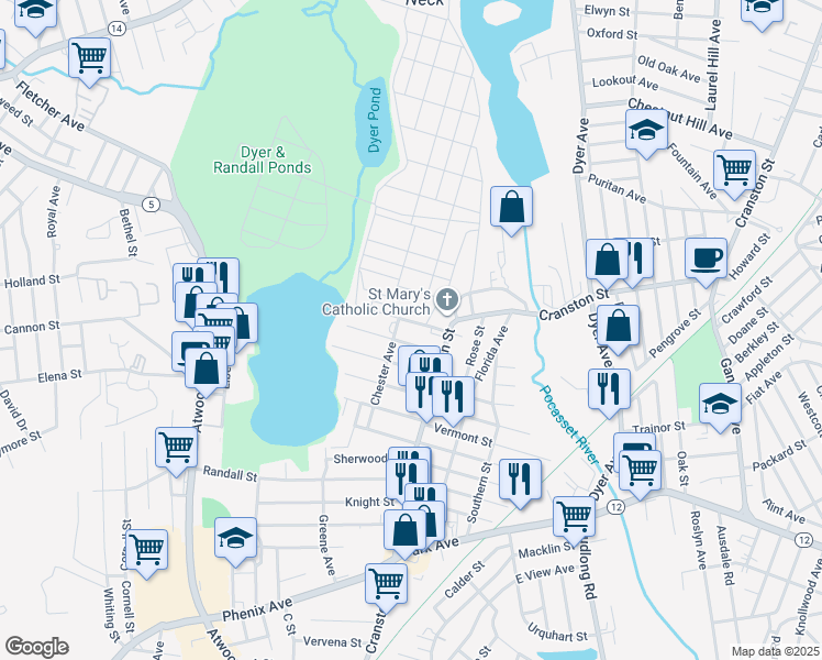map of restaurants, bars, coffee shops, grocery stores, and more near 94 Chester Avenue in Cranston
