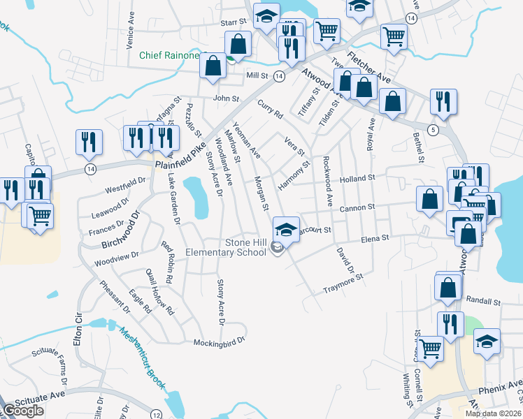 map of restaurants, bars, coffee shops, grocery stores, and more near 130 Marlow Street in Cranston