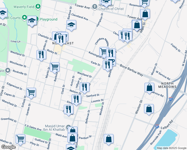 map of restaurants, bars, coffee shops, grocery stores, and more near in Hartford