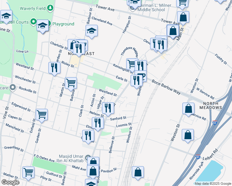 map of restaurants, bars, coffee shops, grocery stores, and more near in Hartford